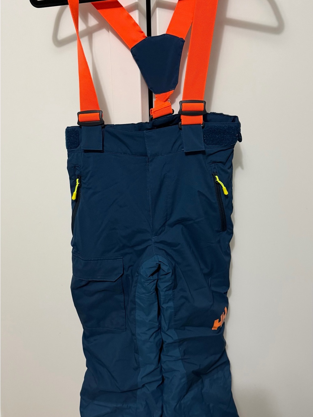 Helly Hansen Navy Kids Snow Overalls with Bright Orange Suspenders